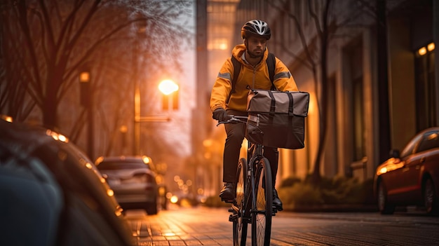 A male courier with bicycle delivering packages in city Generative Ai