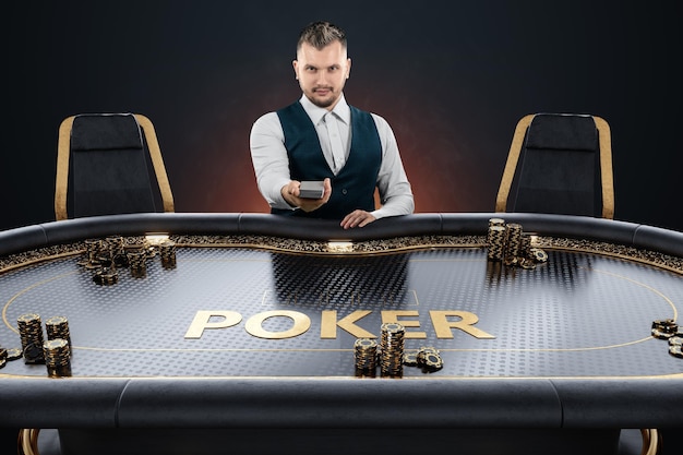 Male croupier at the poker table poker room poker game casino\
texas hold\'em online game card games modern design magazine\
style