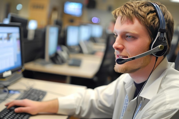 Foto uomo dirigente del servizio clienti che lavora in ufficio consulente del servizio che parla nel call center