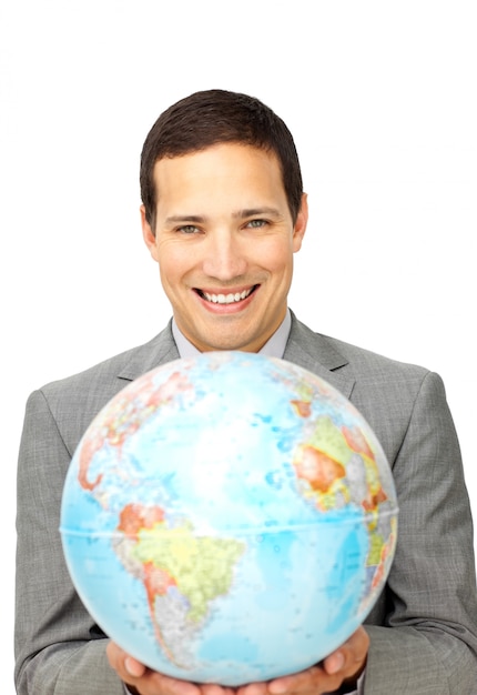 Male customer service representative holding a globe