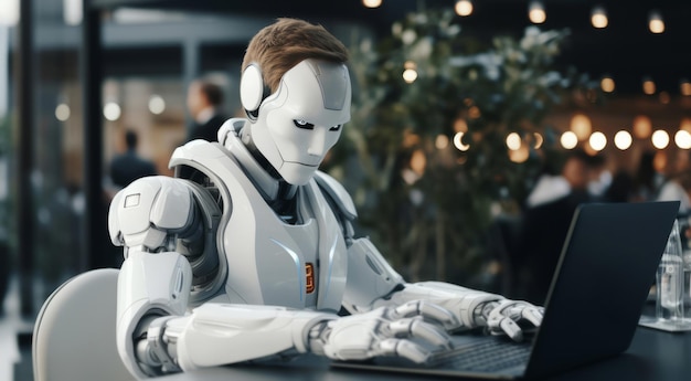 남성 사이보그 로봇은 레스토랑 테이블에 앉아 노트북 미래 인간 기술 개념을 연구하고 있습니다.