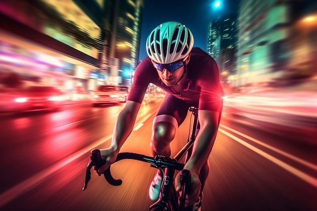 A male cyclist in equipment is bicycling down a nighttime street with bright lights and motion blur