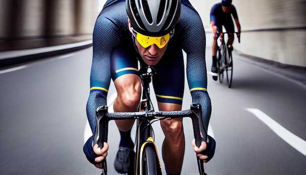 Male cyclist racing fast on the road professional photo