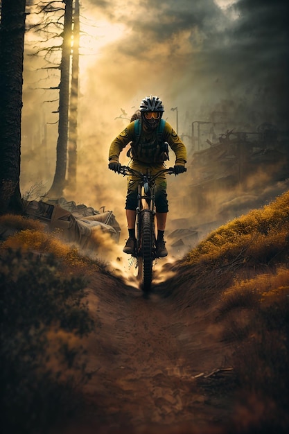 male cyclist riding bicycle in mountains