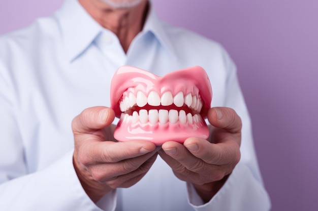 Photo male dentist holding tooth model