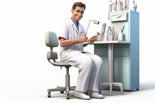 A male dentist is sitting in a chair in his office He is wearing a white lab coat and has a smile on his face There are dental tools and supplies on the table next to him