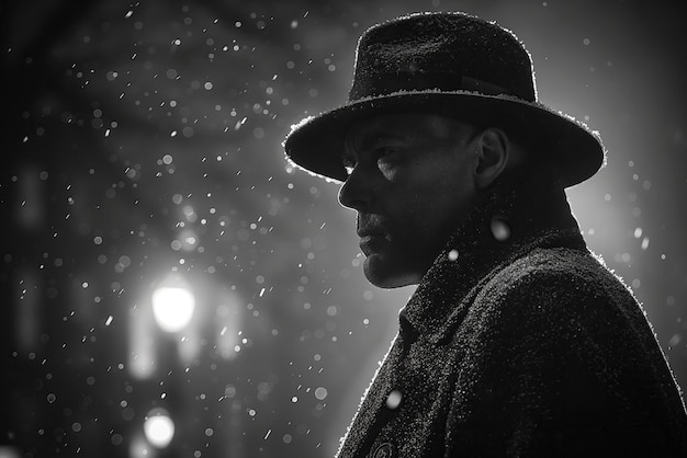 male detective investigator in a hat and raincoat in street at night in rain Black and white retro style