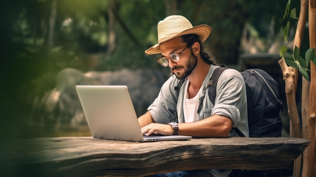 Мужчина-цифровой кочевник работает на ноутбуке в природе
