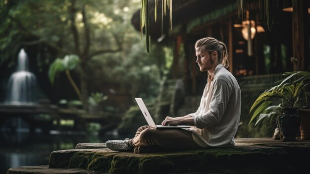 Male digital nomad working on the laptop in the nature