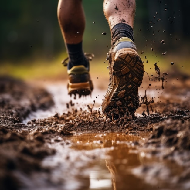 Мужчина с грязными ногами бежит по лесной тропе по мокрой дороге