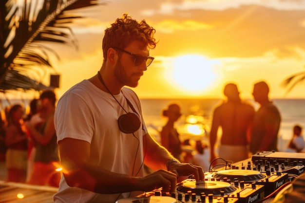 Photo a male dj playing music at a beach club during sunset