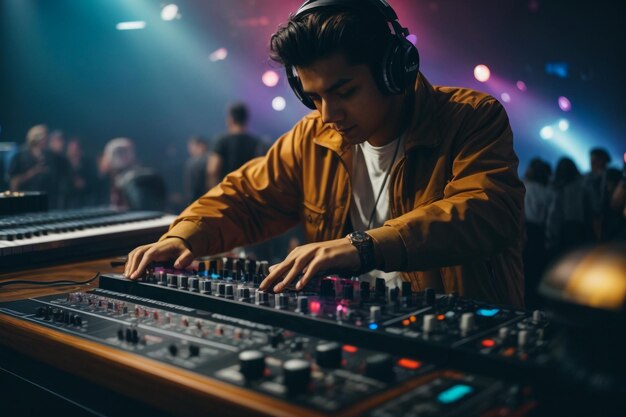 Male DJ playing music in the night club