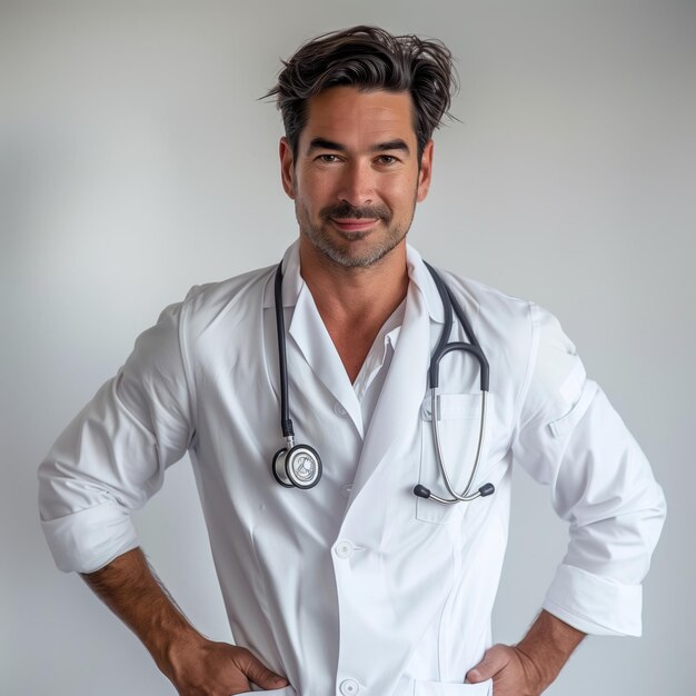 A male doctor around 40 years old in a white coat and stethoscope