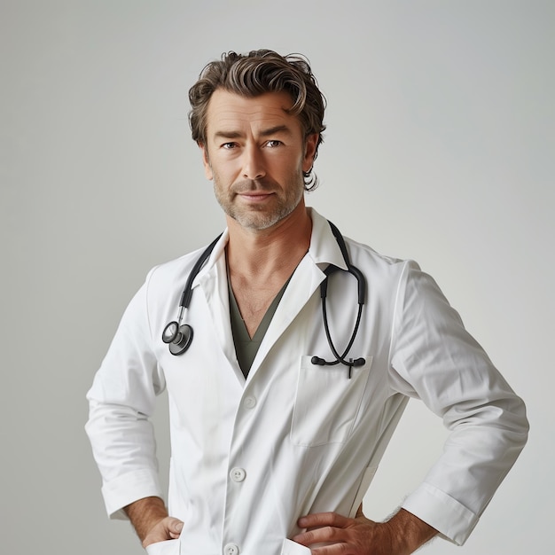 A male doctor around 40 years old in a white coat and stethoscope
