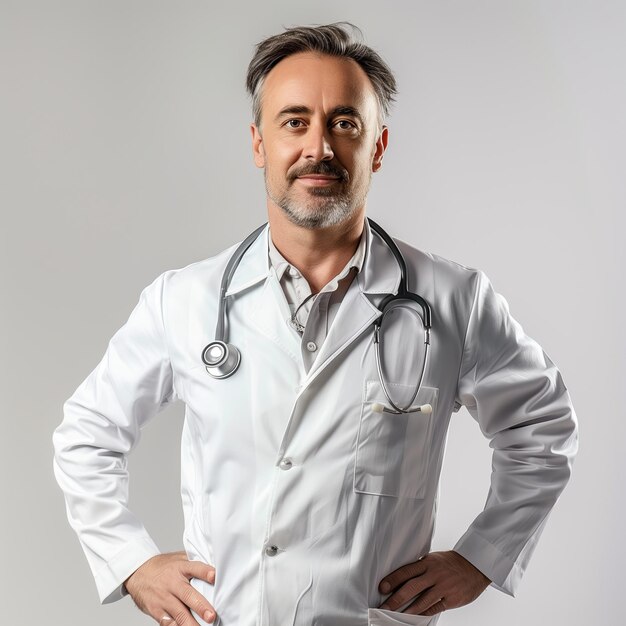 A male doctor around 40 years old in a white coat and stethoscope