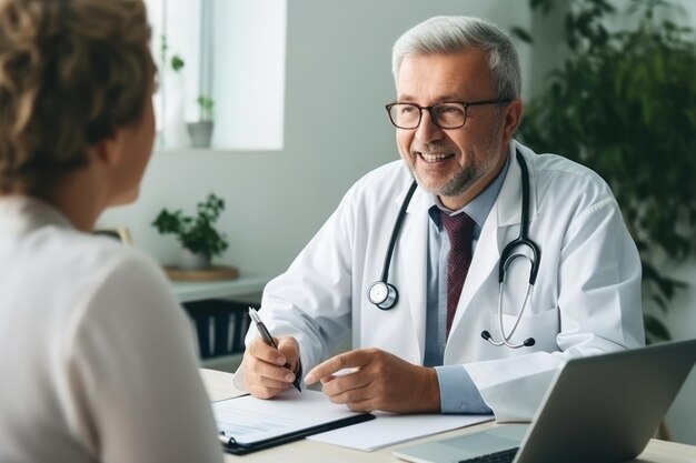 Male doctor consulting senior old patient filling form at consultation Professional physician