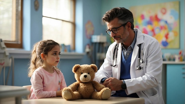 Male doctor examining a little girl in a hospital