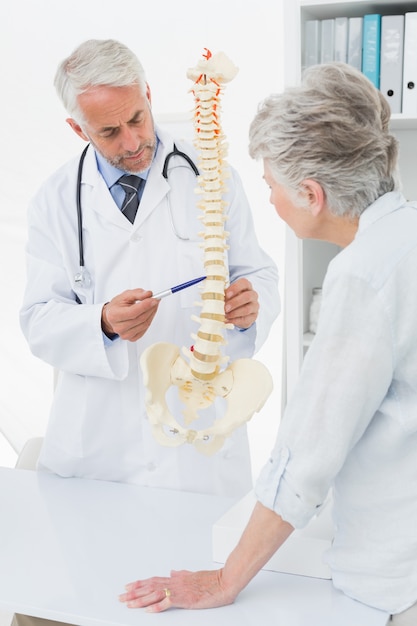 シニア患者に背骨を説明する男性医者
