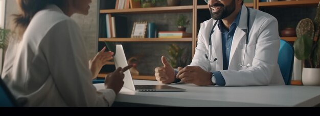 Male doctor and female patient discussing something while sitting at the table Medicine and health care conceptgenerative ai