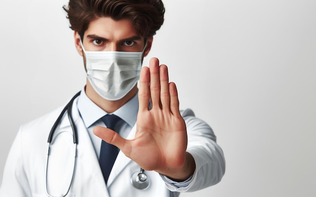 The male doctor gestures with his hand raised to stop him Shows signs of refusal or stopping