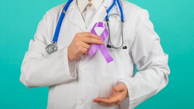 Male doctor holding a purple ribbon in her hands ADDADHDAlzheimer Disease Arnold Chiari MalformationChildhood Hemiplegia stroke Epilepsy Chronic Acute PainCrohns