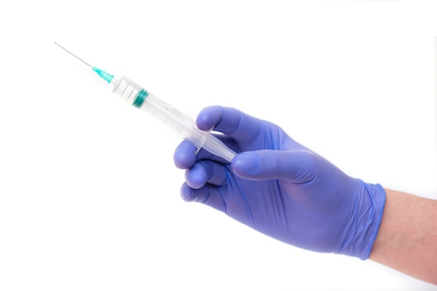 Male doctor holding syringe with needle, vaccine isolated on white