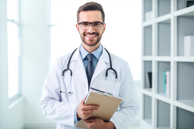 Male doctor in a lab coat with a friendly smile holding a clipboard and standing in front of