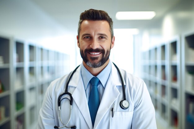 A male doctor in a labcoat and stethoscope with folded arms standing at hospital hallway