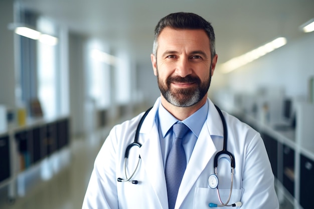 Врач-мужчина в лабораторном халате и стетоскопе с сложенными руками стоит в больничном коридоре