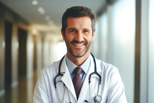 A male doctor in a labcoat and stethoscope with folded arms standing at hospital hallway