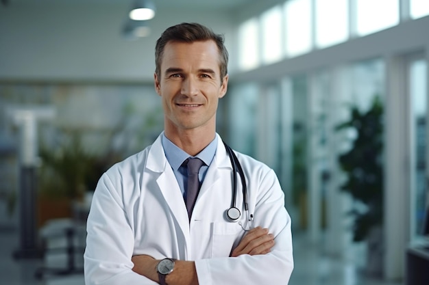 Врач-мужчина в лабораторном халате и стетоскопе с сложенными руками стоит в больничном коридоре