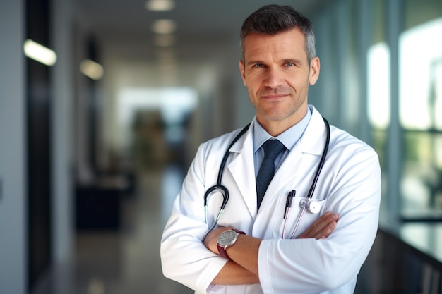 A male doctor in a labcoat and stethoscope with folded arms standing at hospital hallway