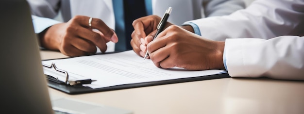 Photo male doctor sitting at desk and writing a prescription for his patient created with generative ai technology