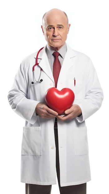 Male doctor standing smiling holding a big red heart