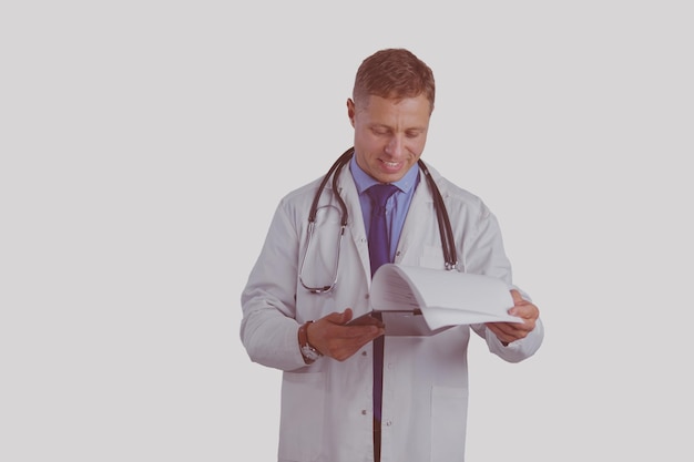 Male doctor standing with folder isolated on white background