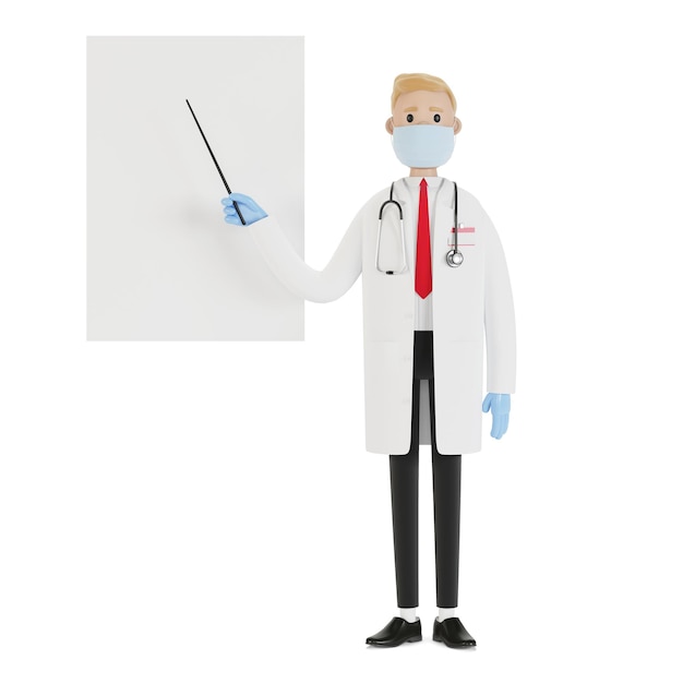 A male doctor stands and points to a presentation board. Vision test. 3D illustration in cartoon style.