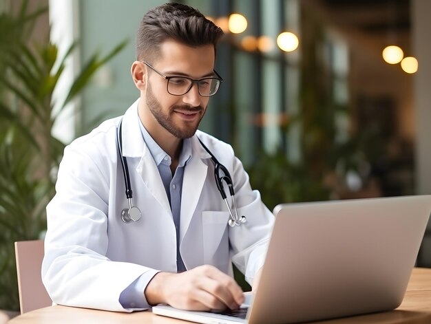 Foto medico maschio che parla con il paziente online sullo schermo del computer dando consulenza online per il trattamento sanitario domestico telemedicina appuntamento medico remoto