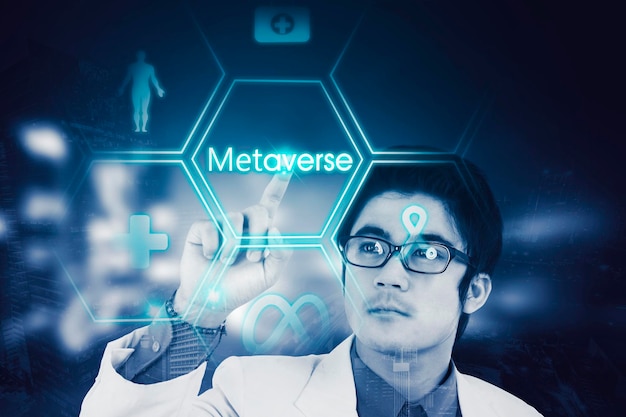 Male doctor touching metaverse button