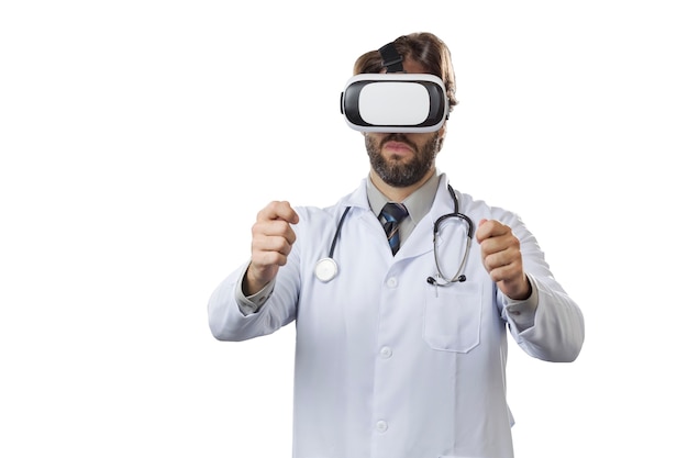 Male doctor using a Virtual Reality Glasses on a White wall