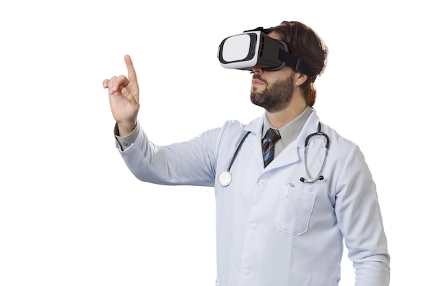 Medico maschio utilizzando occhiali per realtà virtuale.