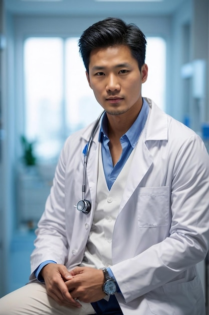 Photo a male doctor warming white lab coat siting in clinic