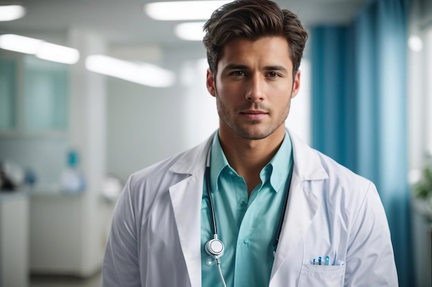 A male doctor warming white lab coat siting in clinic