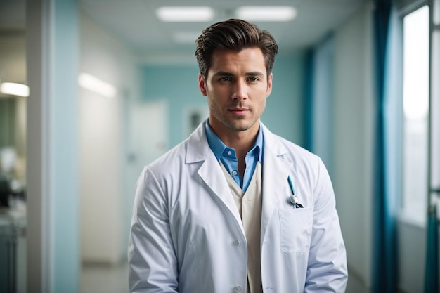 클리닉 에 앉아 있는 남자 의사 가 색 실험실 코트 를 따뜻 하게 입고 있다