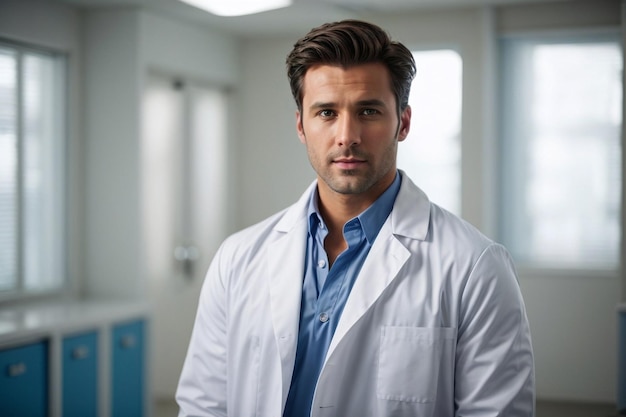 A male doctor warming white lab coat siting in clinic