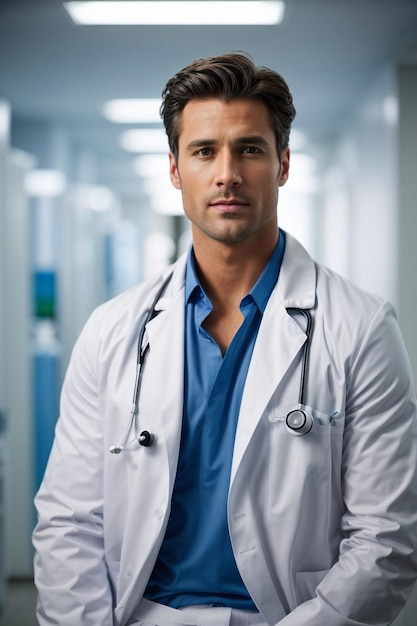 Photo a male doctor warming white lab coat siting in clinic