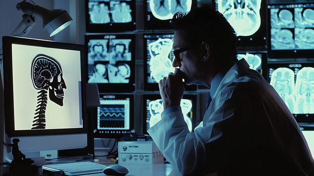 A male doctor wearing glasses and a white coat is looking at a computer screen with a brain scan on it