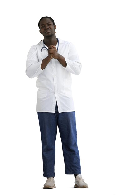 A male doctor on a white background in full height pleads