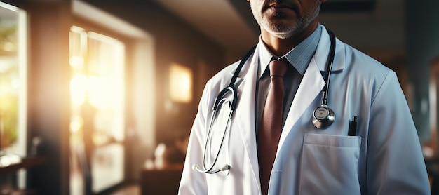 A male doctor in a white medical coat and a stethoscope in an evening office