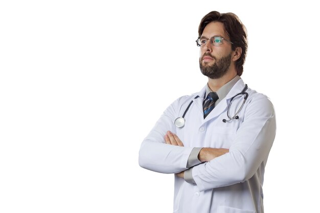 Photo male doctor on a white wall