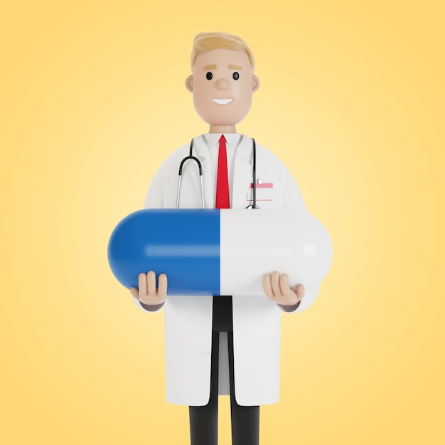 写真 彼の手に大きな青い錠剤を持つ男性医師漫画スタイルの3dイラスト